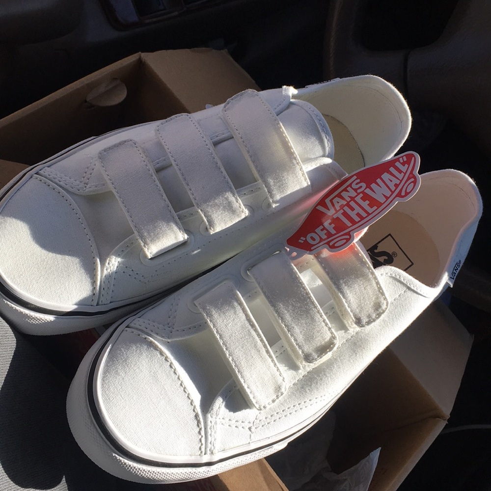 White three strap Velcro vans!
